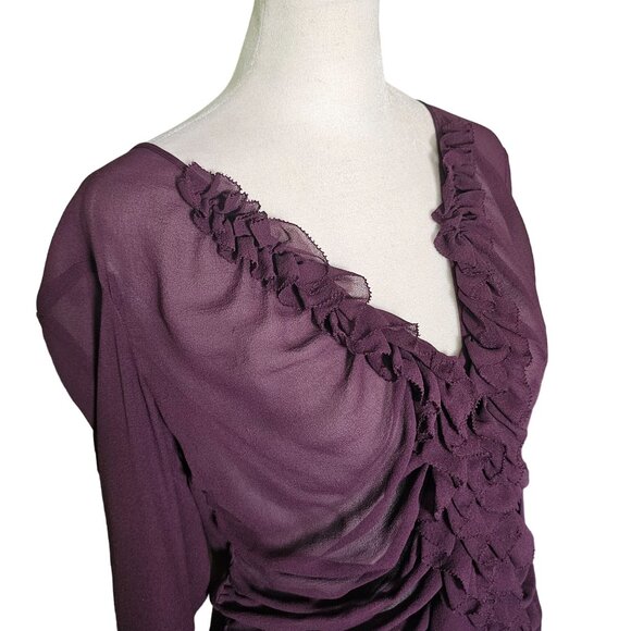 DKNY Women's Purple Silk Ruffle V Neck Pheasant Boho vibe Top Blouse size 10 - Picture 6 of 12